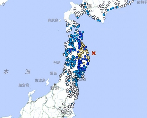 日本岩手縣附近海域發生6級地震。