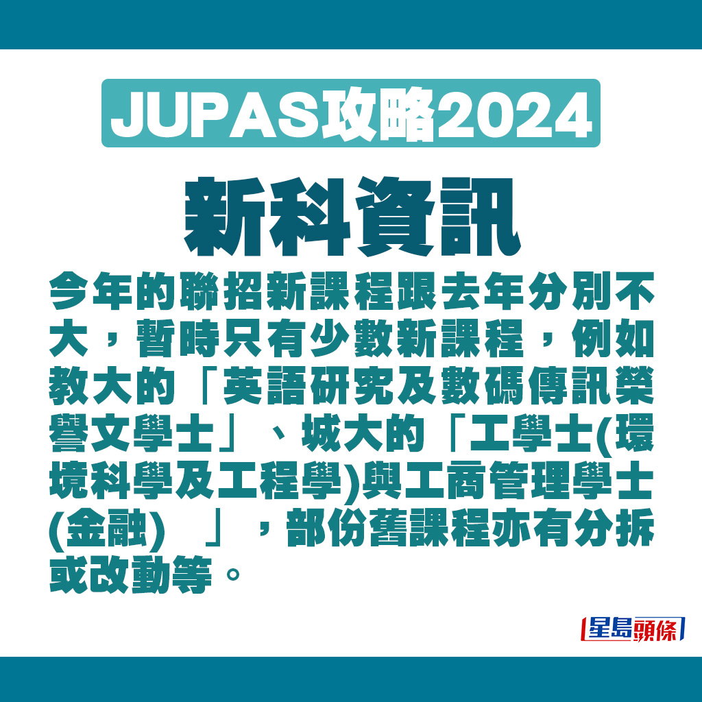 今年的聯招新課程跟去年分別不大，暫時只有少數新課程。