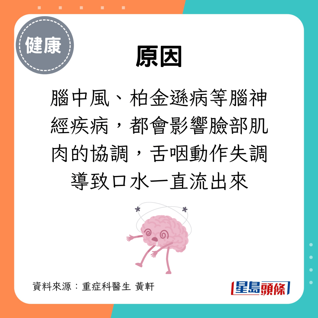 腦中風、柏金遜病等腦神經疾病，都會影響臉部肌肉的協調，舌咽動作失調導致口水一直流出來