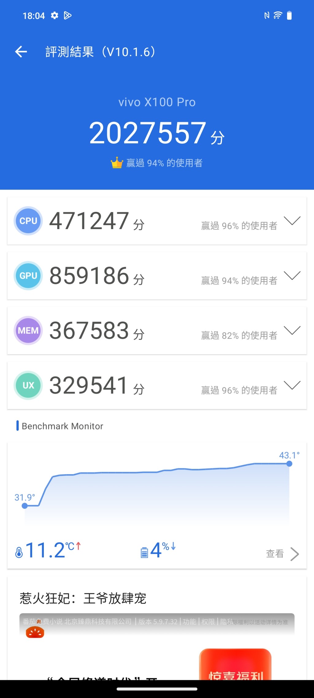 X100 Pro在《安兔兔v10》跑出2,027,557分成績。