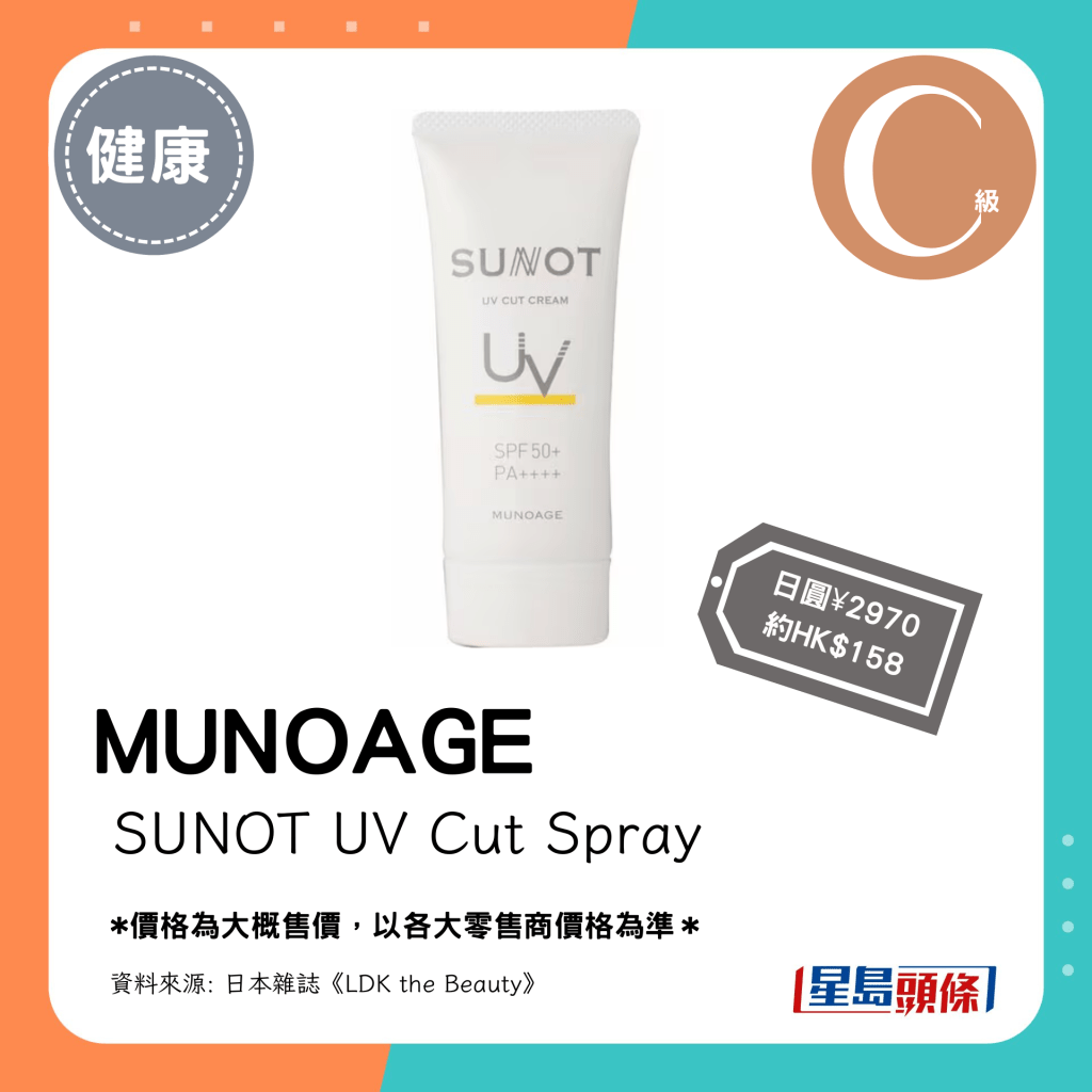 Ｃ级防水防晒产品：MUNOAGE SUNOT UV Cut Spray