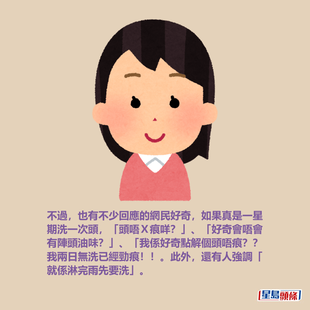 不過,也有不少回應的網民好奇,如果真是一星 期洗一次頭,「頭唔X痕咩?」、「好奇會唔會 有陣頭油味?」、「我係好奇點解個頭唔痕?? 我兩日無洗已經勁痕!!。此外,還有人強調「 就係淋完雨先要洗」。 不過,也有不少回應的網民好奇,如果真是一星 期洗一次頭,「頭唔X痕咩?」、「好奇會唔會 有陣頭油味?」、「我係好奇點解個頭唔痕?? 我兩日無洗已經勁痕!!。此外,還有人強調「 就係淋完雨先要洗」。