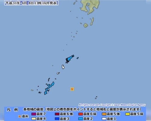 冲绳对出海域于8日下午发生黎克特制5.5级地震。网图
