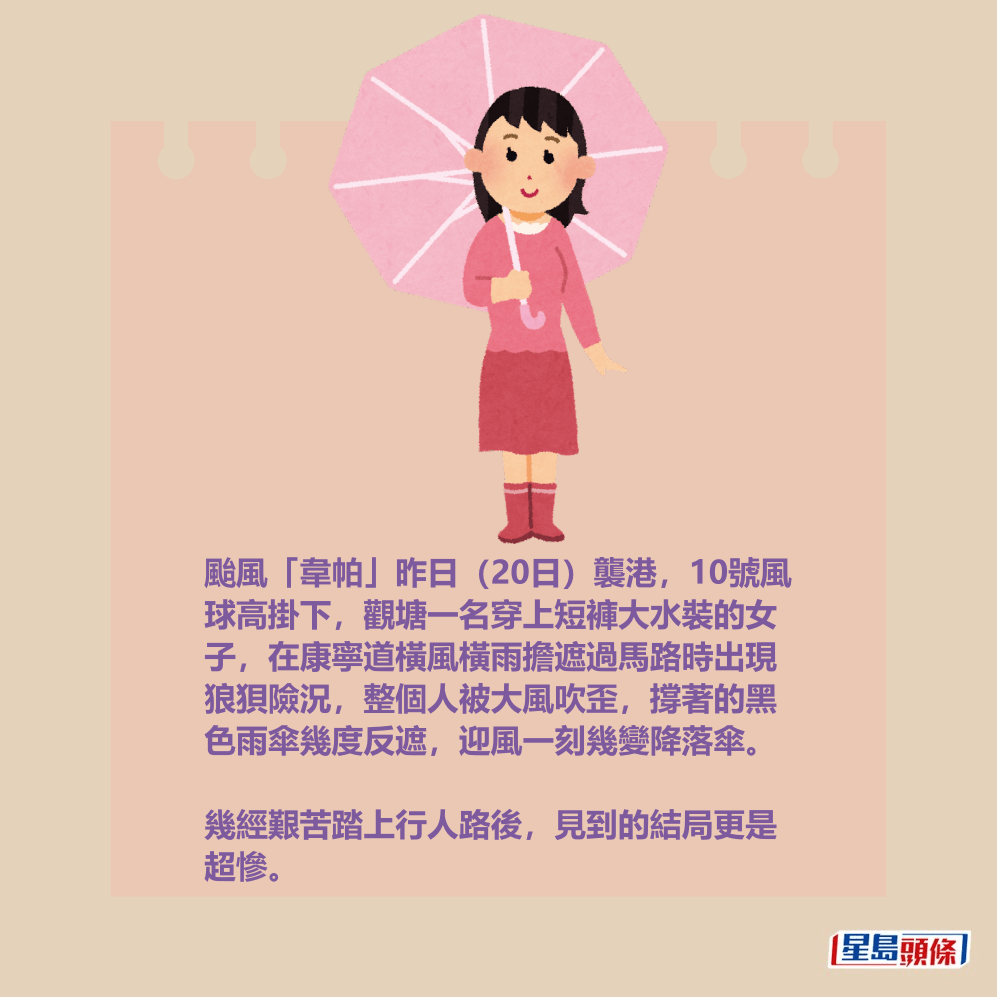 颱風「韋帕」昨日(20日)襲港,10號風 球高掛下,觀塘一名穿上短褲大水裝的女 子,在康寧道橫風橫雨擔遮過馬路時出現 狼狽險況,整個人被大風吹歪,撐著的黑 色雨傘幾度反遮,迎風一刻幾變降落傘。 幾經艱苦踏上行人路後,見到的結局更是 超慘。 颱風「韋帕」昨日(20日)襲港,10號風 球高掛下,觀塘一名穿上短褲大水裝的女 子,在康寧道橫風橫雨擔遮過馬路時出現 狼狽險況,整個人被大風吹歪,撐著的黑 色雨傘幾度反遮,迎風一刻幾變降落傘。 幾經艱苦踏上行人路後,見到的結局更是 超慘。