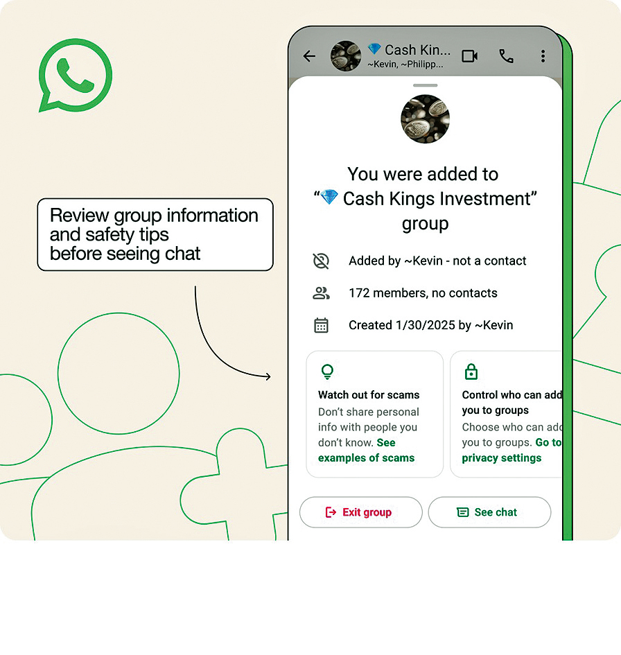 WhatsApp推出新的安全概覽功能,當用戶被陌生人新增至新群組,系統會向用戶顯示該群組的關鍵資訊及一些安全提示。