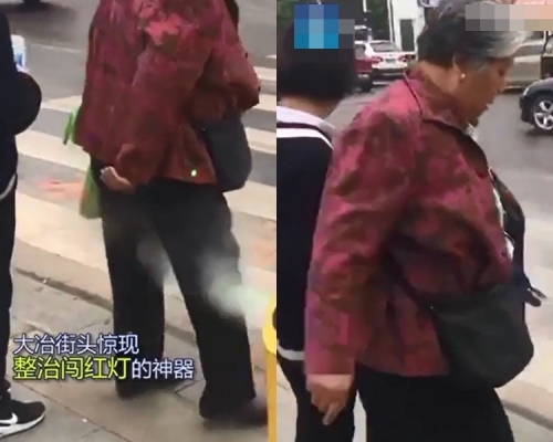 婦人被噴水時嚇得立即退回路面，系統極為有效。