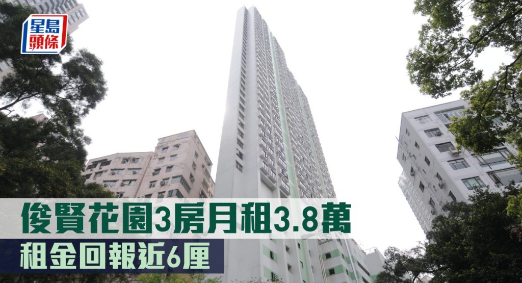 俊賢花園3房月租3.8萬，租金回報近6厘。
