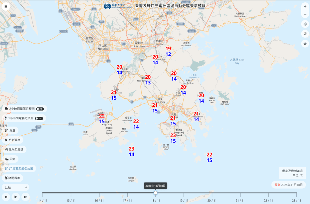 下周二天氣顯著轉涼，新界區普遍只有13、14度。天文台網頁截圖