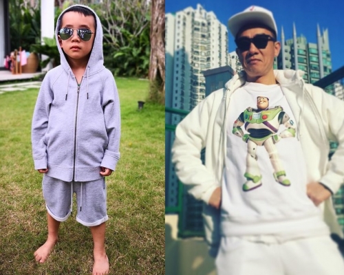 小小春身穿連帽外套,戴上帽和墨鏡後Hip Hop味十足,似足爸爸陳小春。