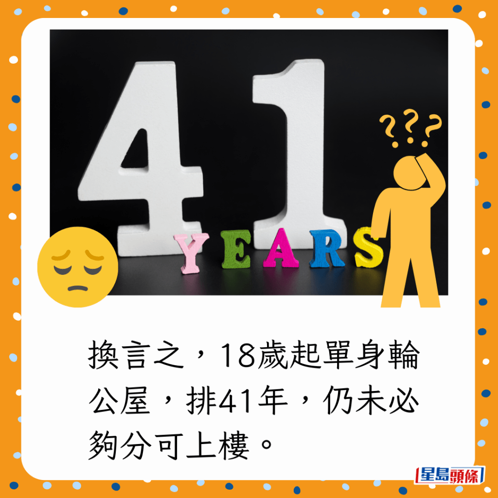 換言之，18歲起單身輪公屋，排41年，仍未必夠分可上樓。