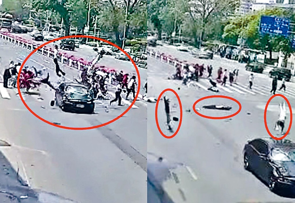 ■大連日前發生轎車撞飛過路行人不顧而去。