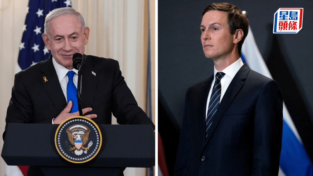 特朗普的女婿庫什納（右）跟以色列總理內塔尼亞胡（左）會面討論更多停火細節。美聯社
