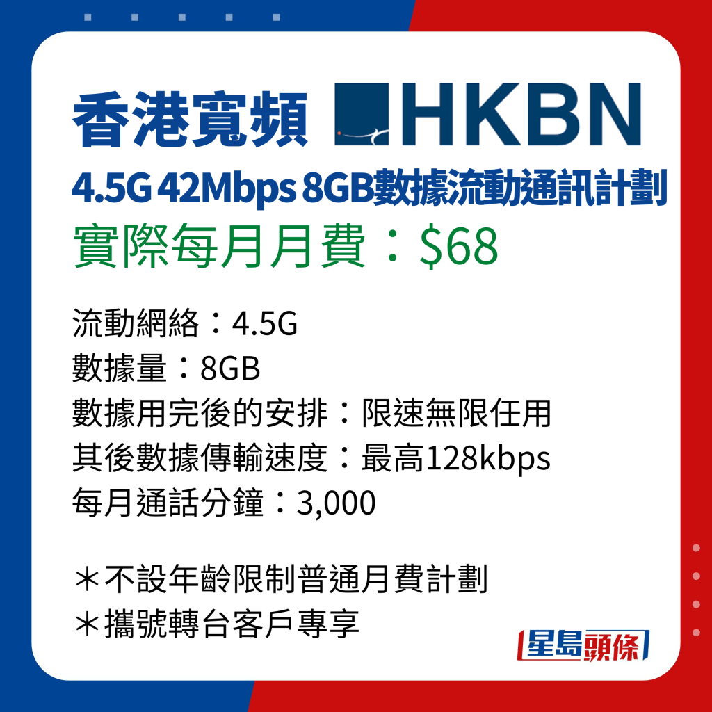 消委會長者手機月費計劃比併｜香港寬頻 4.5G 42Mbps 8GB數據流動通訊計劃