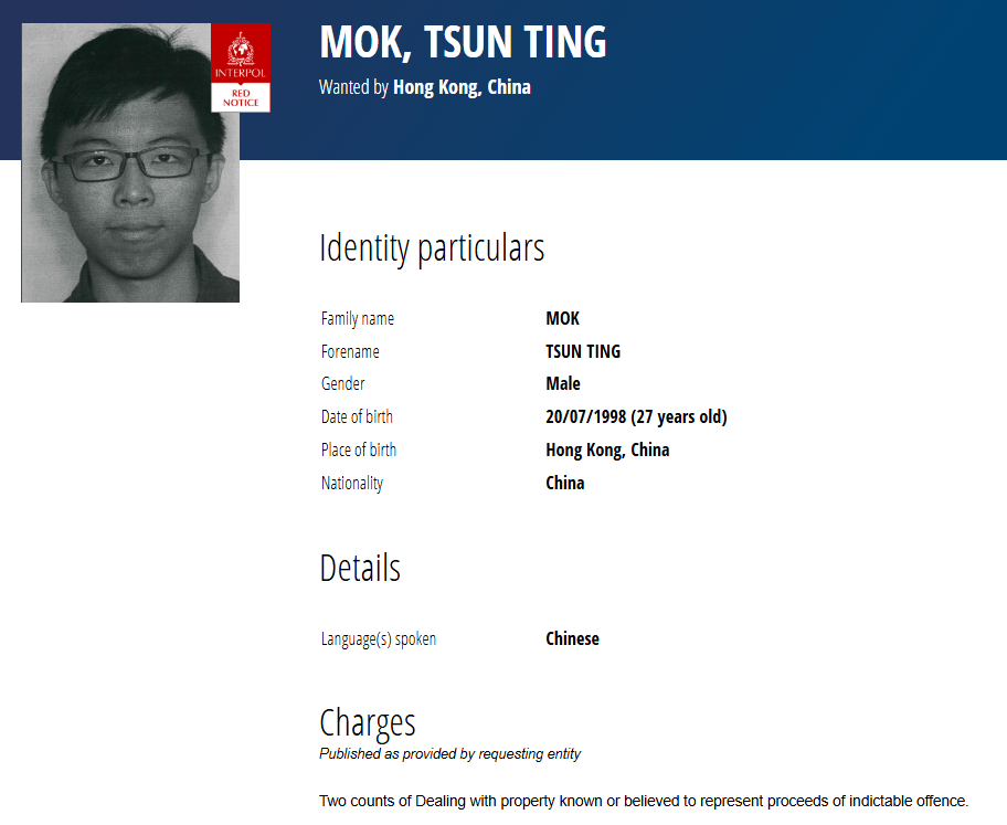 國際刑警對莫浚廷的控罪是兩項處理已知道或相信為代表從可公訴罪行的得益的財產罪（即俗稱「洗黑錢」）。