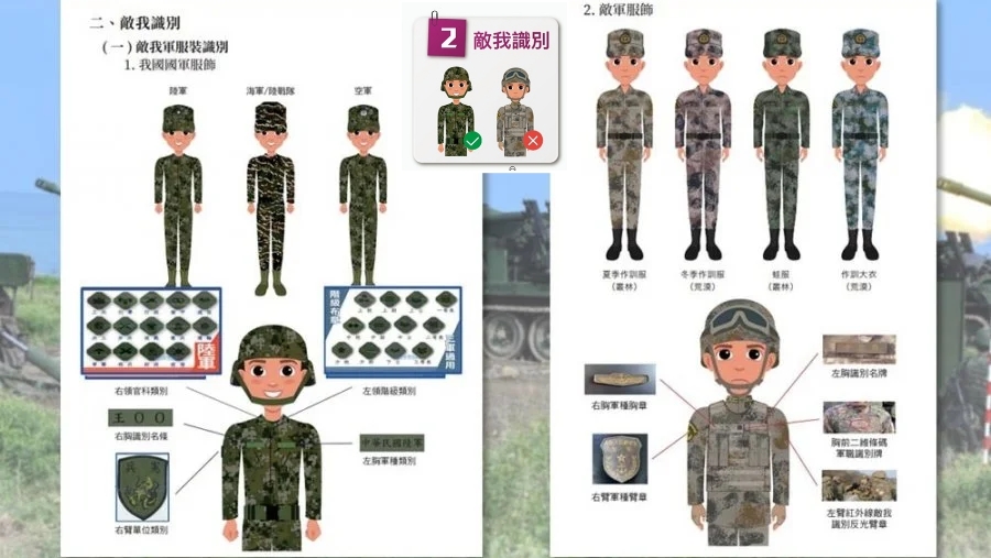 台湾军方教民众分办解放军和台军军服。