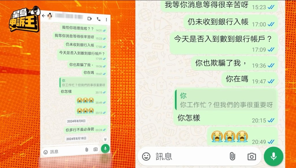 华叔多次向网上「老婆」发讯息，对方亦已读不回。(事主提供截图)