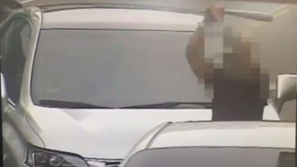 郑姓男子持棍扑打接载其妻子的廖姓男子的车辆。影片截图