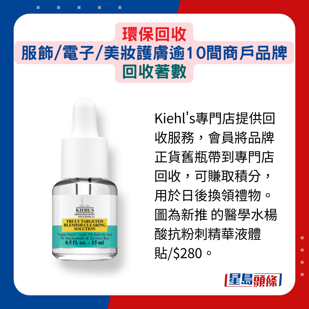 Kiehl's專門店提供回收服務，會員將品牌正貨舊瓶帶到專門店回收，可賺取積分，用於日後換領禮物。圖為新推 的醫學水楊酸抗粉刺精華液體貼/$280。