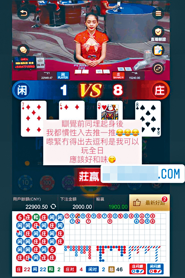 前年有本港美女KOL在社交媒體發布網上賭場的截圖宣傳非法外圍賭博，事後被警方拘捕。