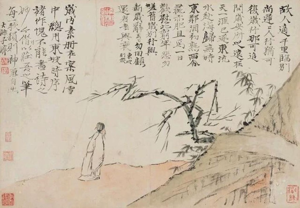 正在日本京都國立博物館展出的《東坡時序詩意圖冊》（石濤繪，局部）。
