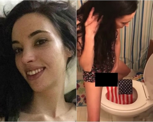美國一名女子因不滿國家，於國旗上小便惹眾怒。網上圖片