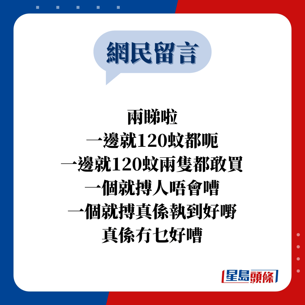 網民留言：兩睇啦 一邊就120蚊都呃 一邊就120蚊兩隻都敢買 一個就搏人唔會嘈 一個就搏真係執到好嘢 真係冇乜好嘈