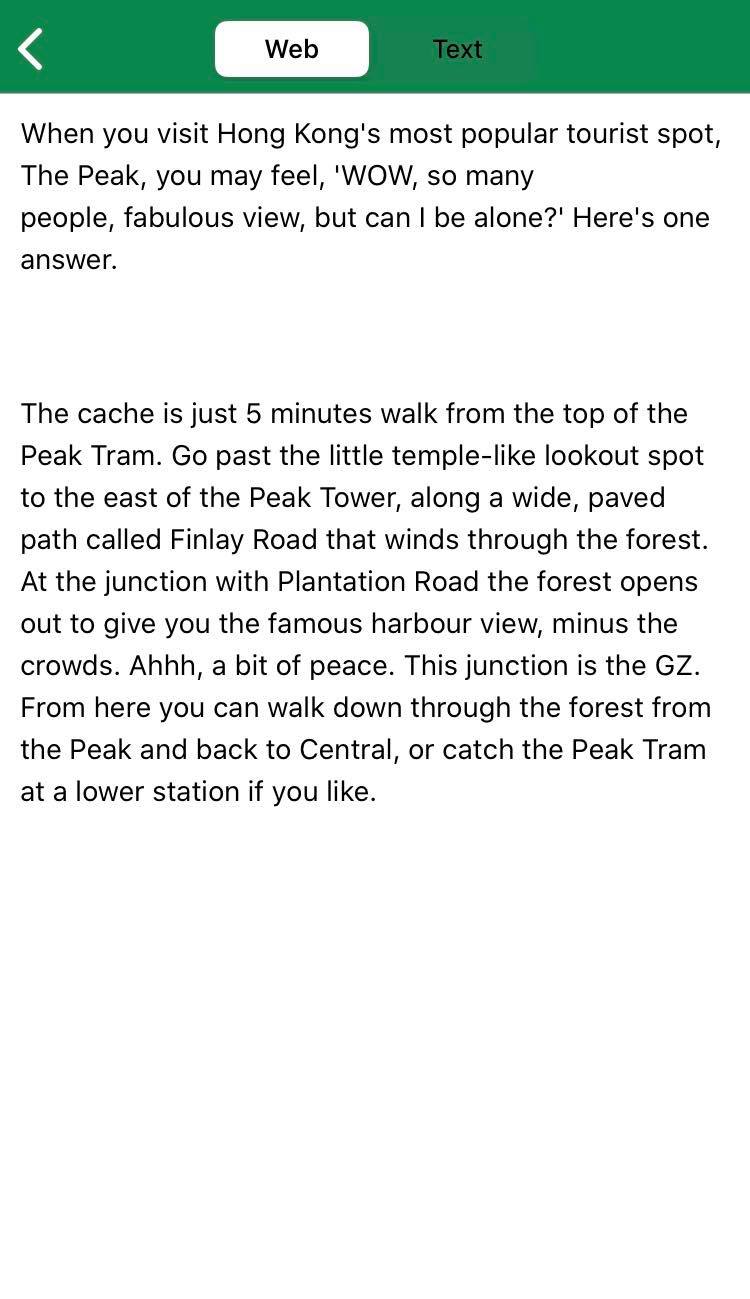 「Geocaching」應用程式內的不同「尋寶」地標都會設有地點簡述。