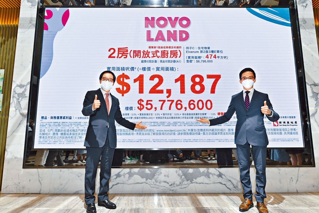 新地雷霆（左）表示，屯門NOVO LAND第1A期首批開價屬「坐擁雙站無敵價」。旁為陳漢麟。