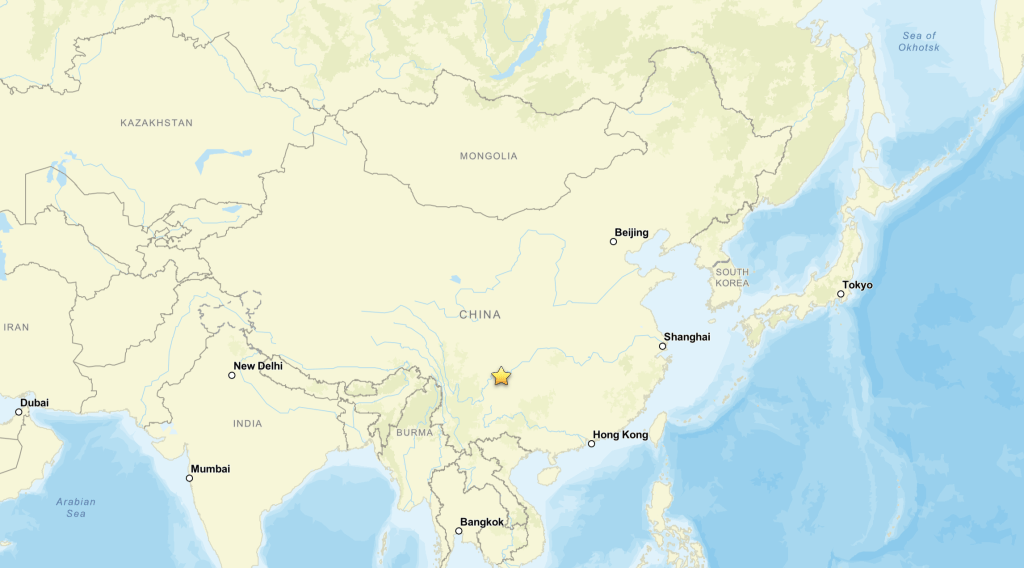 四川宜賓高縣附近發生5.5級地震，震源深度6公里。USGS圖片