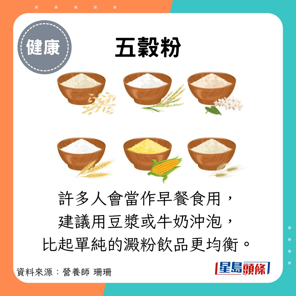 五谷粉：许多人会当作早餐食用， 建议用豆浆或牛奶冲泡， 比起单纯的淀粉饮品更均衡。