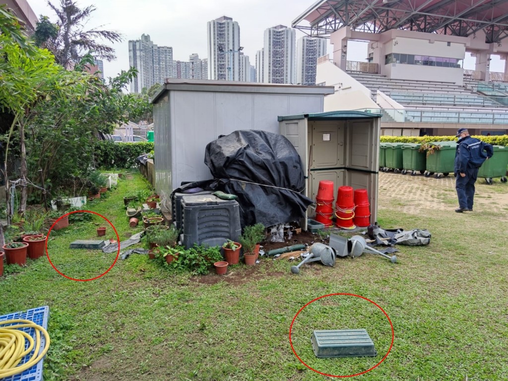 警員以兩個鐵盒遮蓋另外3隻小貓屍體。