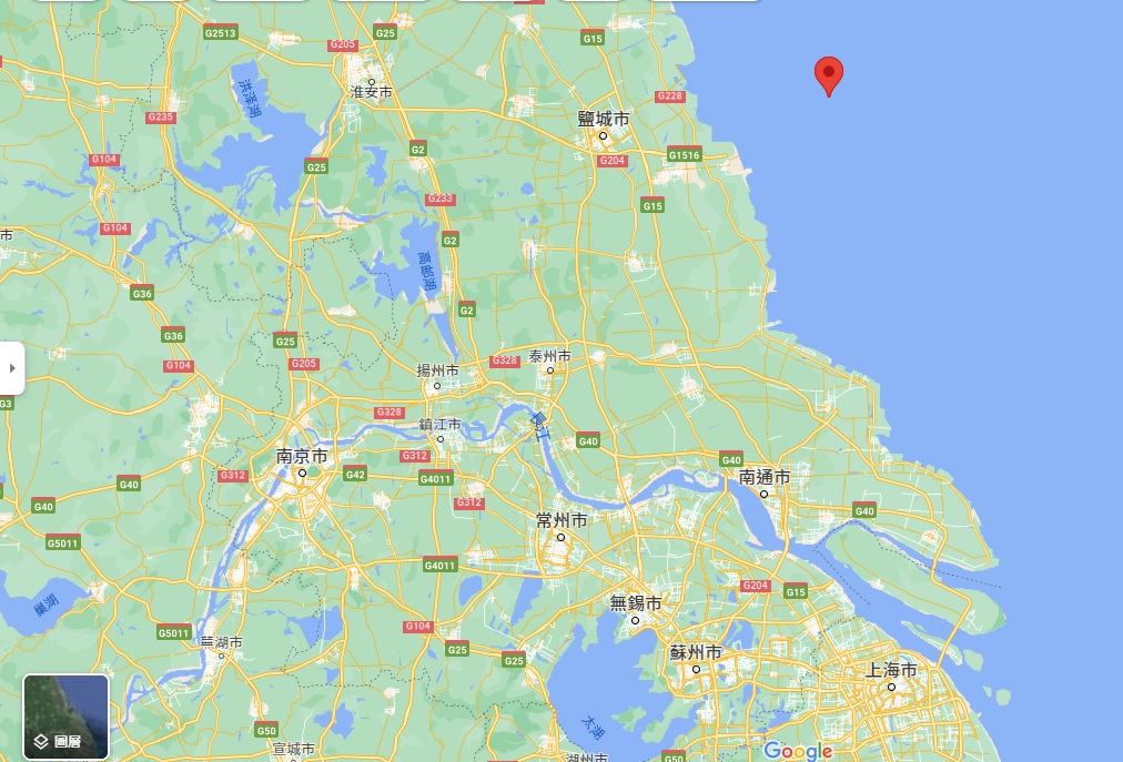 江蘇鹽城市對開海域發生5級地震。Google截圖