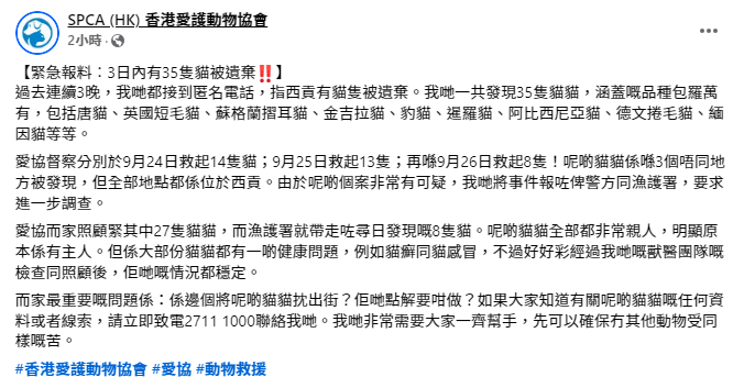 愛護動物協會指過去3日在西貢不同地方發現至少35隻貓被遺棄。