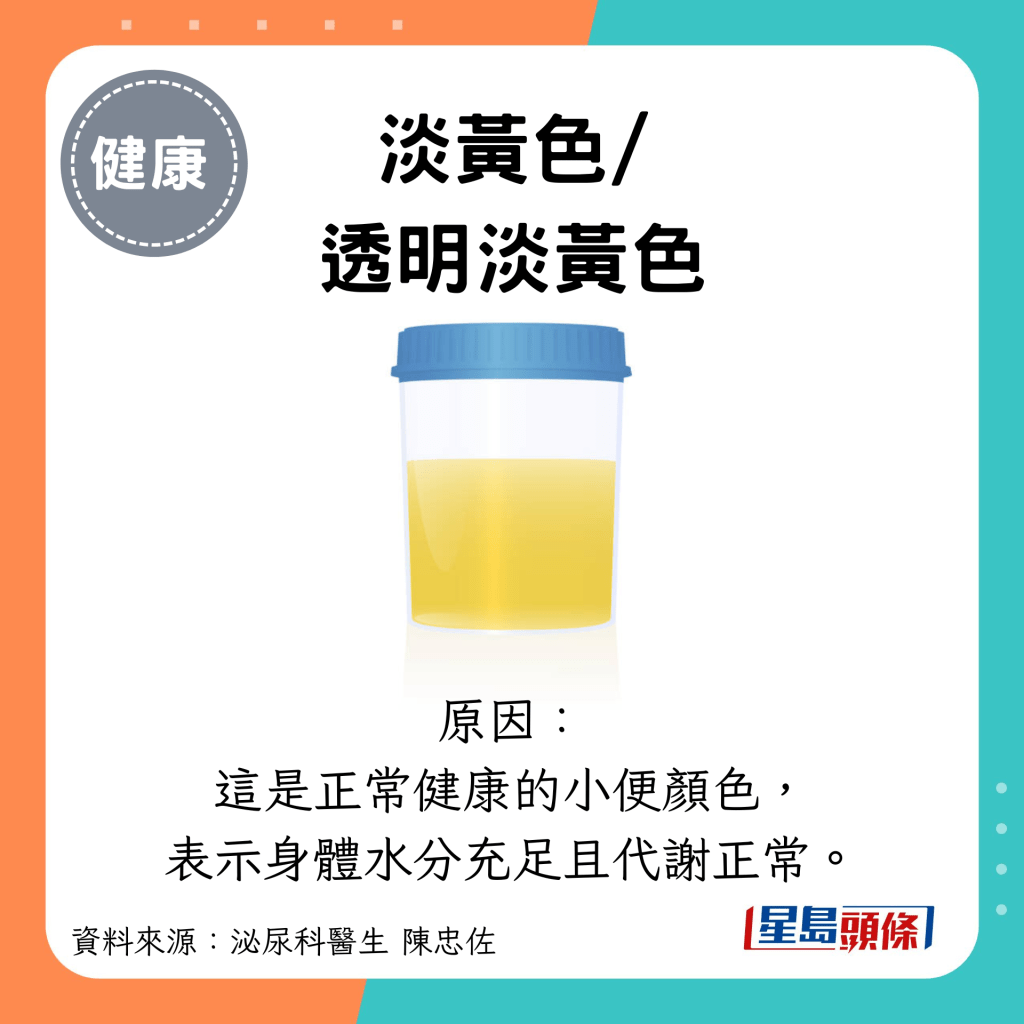 淡黃色/ 透明淡黃色：原因： 這是正常健康的小便顏色， 表示身體水分充足且代謝正常。