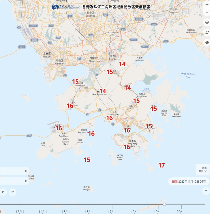 下周三(19日)再進一步降溫,市區僅16度,新界多區低見14度。 下周三(19日)再進一步降溫,市區僅16度,新界多區低見14度。