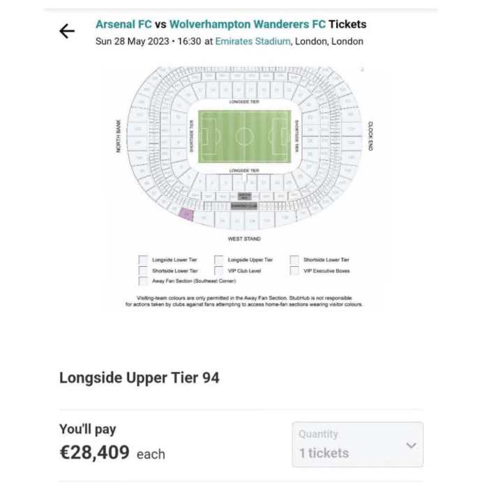 高层位置的门票亦以较“便宜”的价格亦高达2万8千欧元。最贵的VIP包厢票侧被以天价5万欧元转售。 网上图片