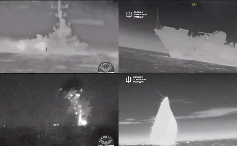 烏方發布的影片顯示，數架海上無人機攻擊俄羅斯護衛艦，軍艦發生爆炸，傾斜、爆炸並沉入水中。