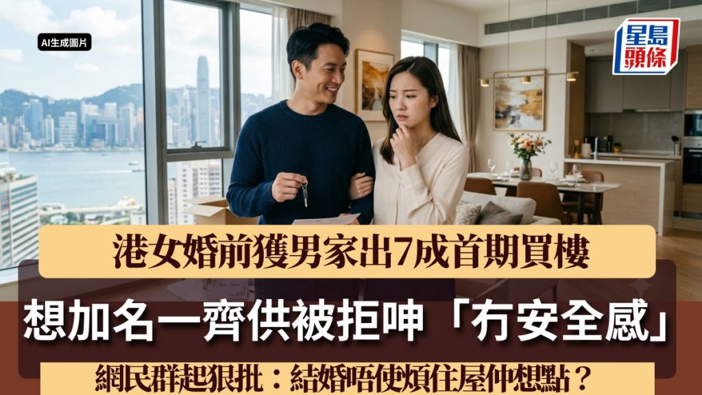 港女婚前獲男家出7成首期買樓 想加名一齊供被拒呻「冇安全感」 網民群起狠批：結婚唔使煩住屋仲想點？