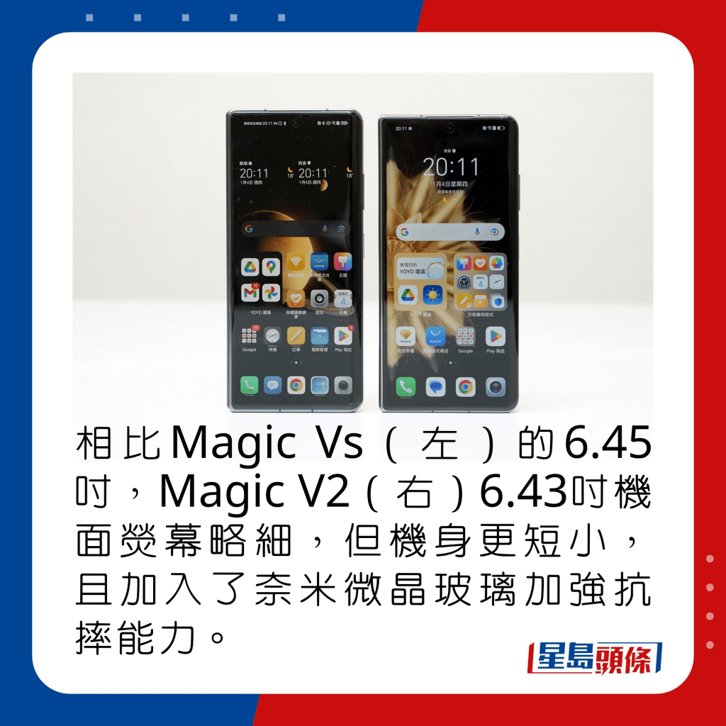 相比Magic Vs（左）的6.45吋，Magic V2（右）6.43吋機面熒幕略細，但機身更短小，且加入了奈米微晶玻璃加強抗摔能力。