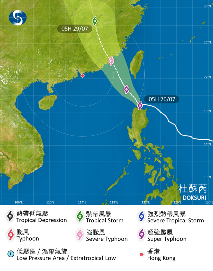 超强台风杜苏芮：天文台7月26日早上的预测路径。（天文台网页）