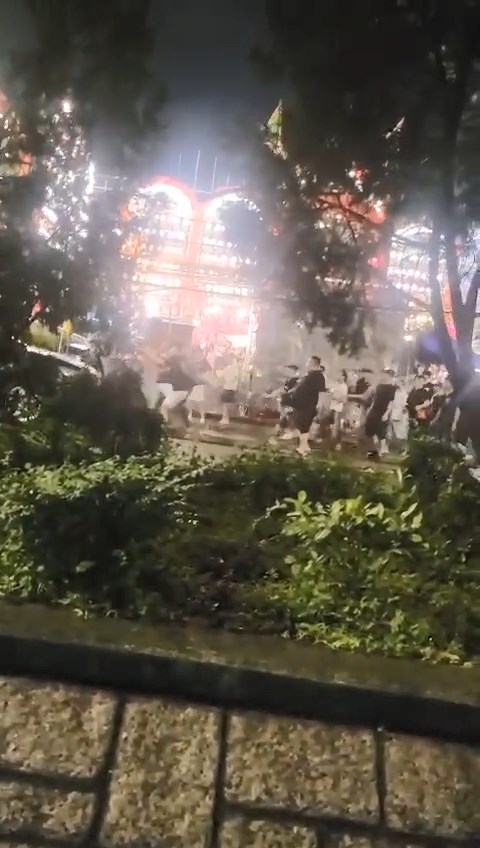 前日有接近30名大漢在大埔海寶花園附近戲棚對開互毆。網上片段截圖