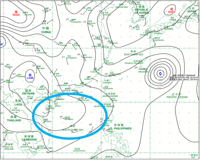 5月29日下午2時的天氣圖顯示南海中部有一道廣闊低壓槽。天文台圖片