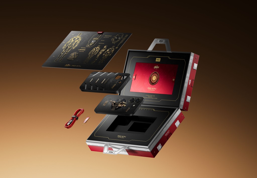 手机以外，行李箱内还有红色别注USB-C线、保护壳及Marvel SIM卡针。