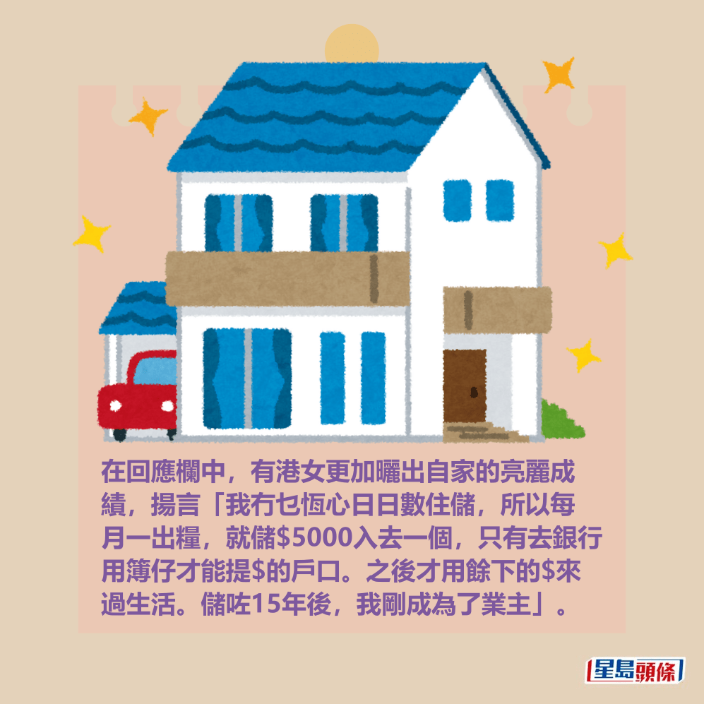 在回應欄中，有港女更加曬出自家的亮麗成 績，揚言「我冇乜恆心日日數住儲，所以每 月一出糧，就儲$5000入去一個，只有去銀行 用簿仔才能提$的戶口。之後才用餘下的$來 過生活。儲咗15年後，我剛成為了業主」。 