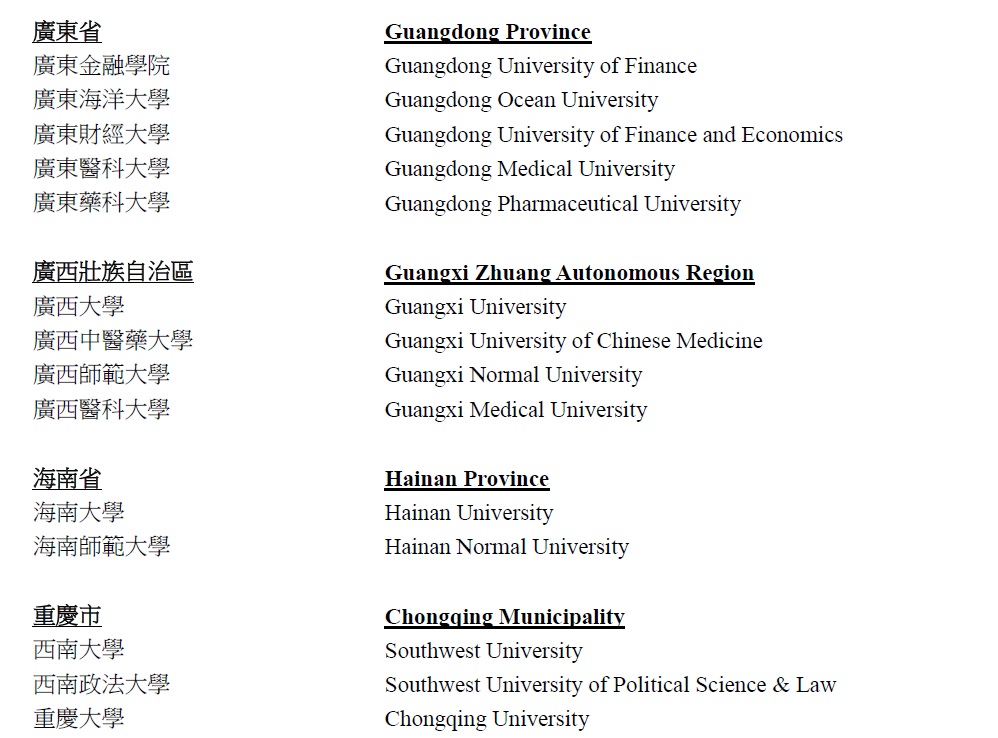 廣東、廣西壯族自治醫、海南及重慶