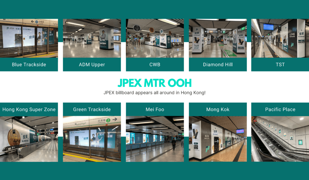 JPEX 亦曾於地鐵站、電視頻道等不同地方落廣告，一度在連接中環站至香港站之間的長廊賣廣告。JPEX圖片