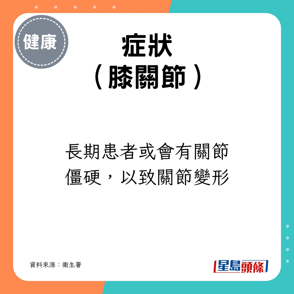 长期患者或会有关节僵硬，以致关节变形