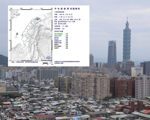 台灣台北市士林區今日凌晨發生3.8級地震。資料圖片/中央氣象局圖片