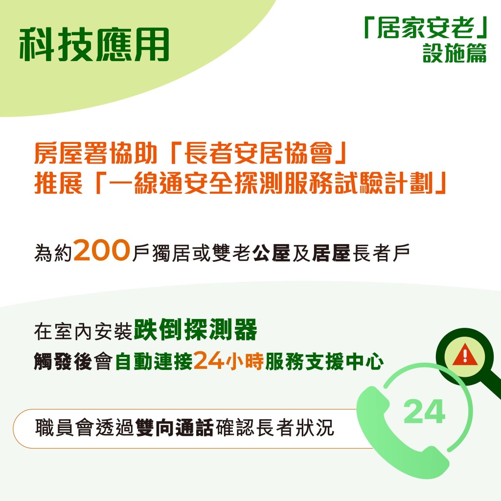 房署亦協助「長者安居協會」推展「一線通安全探測服務試驗計劃」。