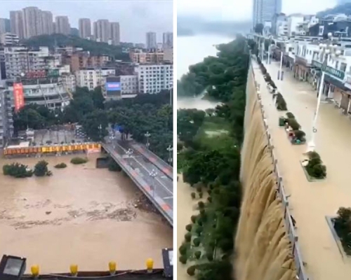 連日暴雨,四川部份地區淹水已超過1米;貴州堤壩變「泥漿瀑布」。(網圖)